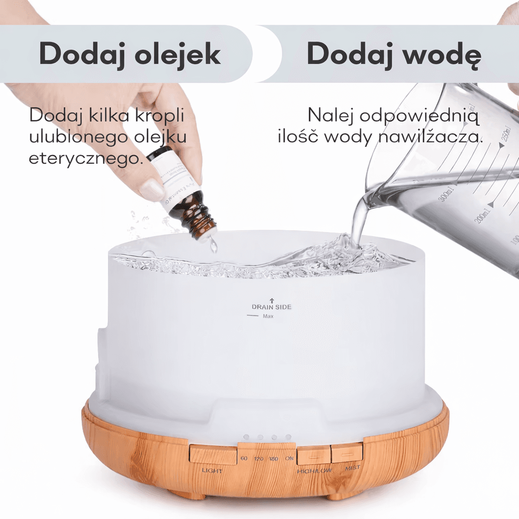 Ultradźwiękowy dyfuzor-nawilżacz 300/500ml z pilotem i podświetleniem 🌿